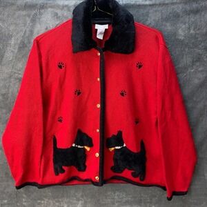 Vintage Crystal Kobe Red Scottie Dog Faux Fur Collar Button Front Knit Sweater M